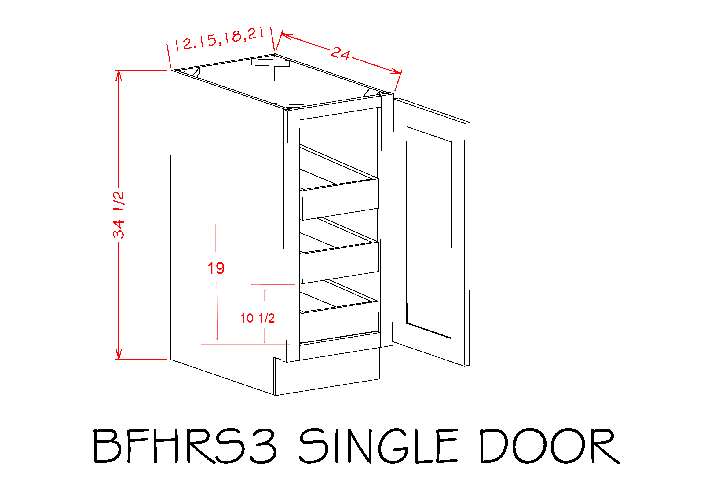 Full Height Single Door Triple Rollout Shelf Bases